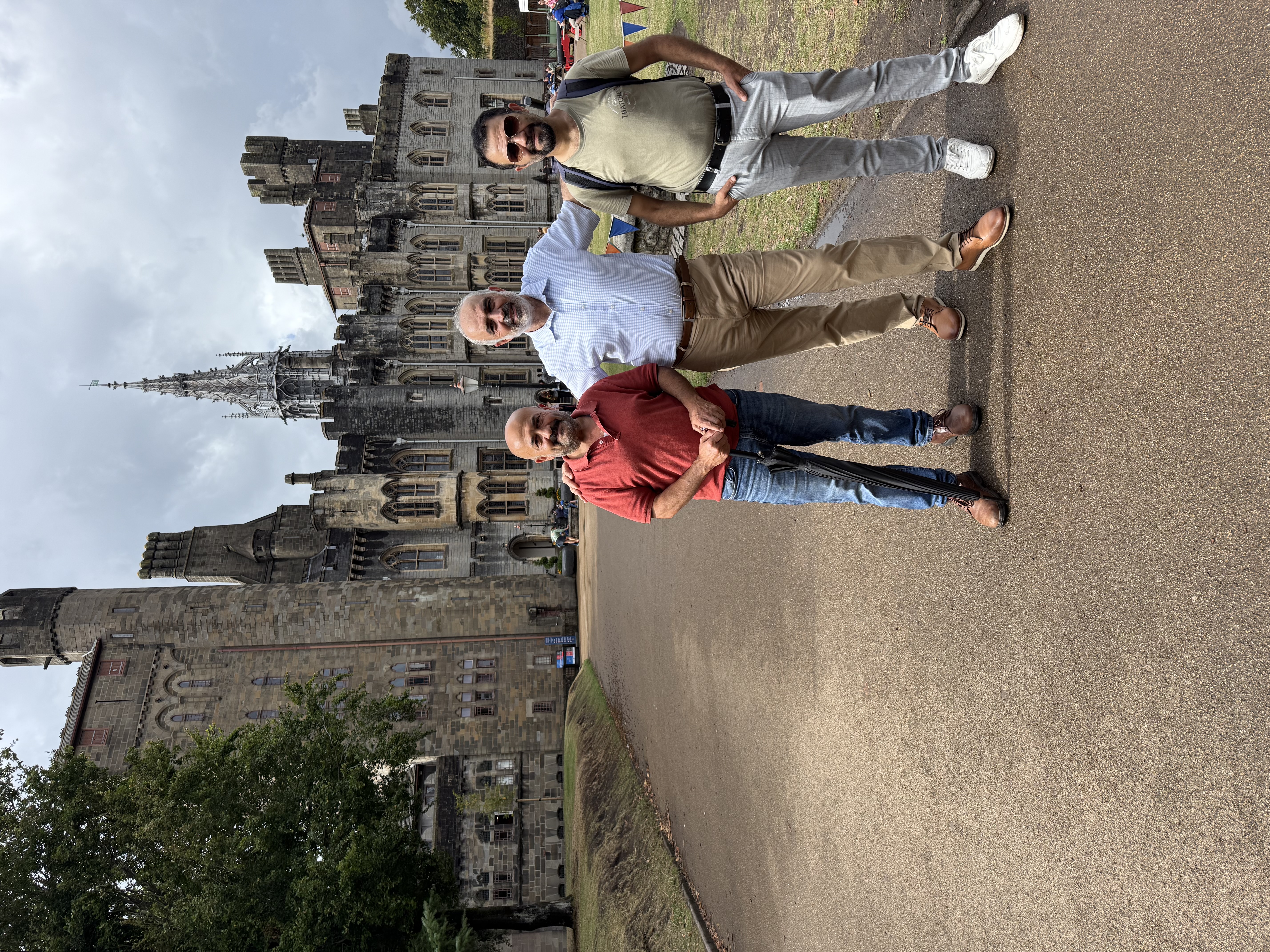 A small group walking through a historic district