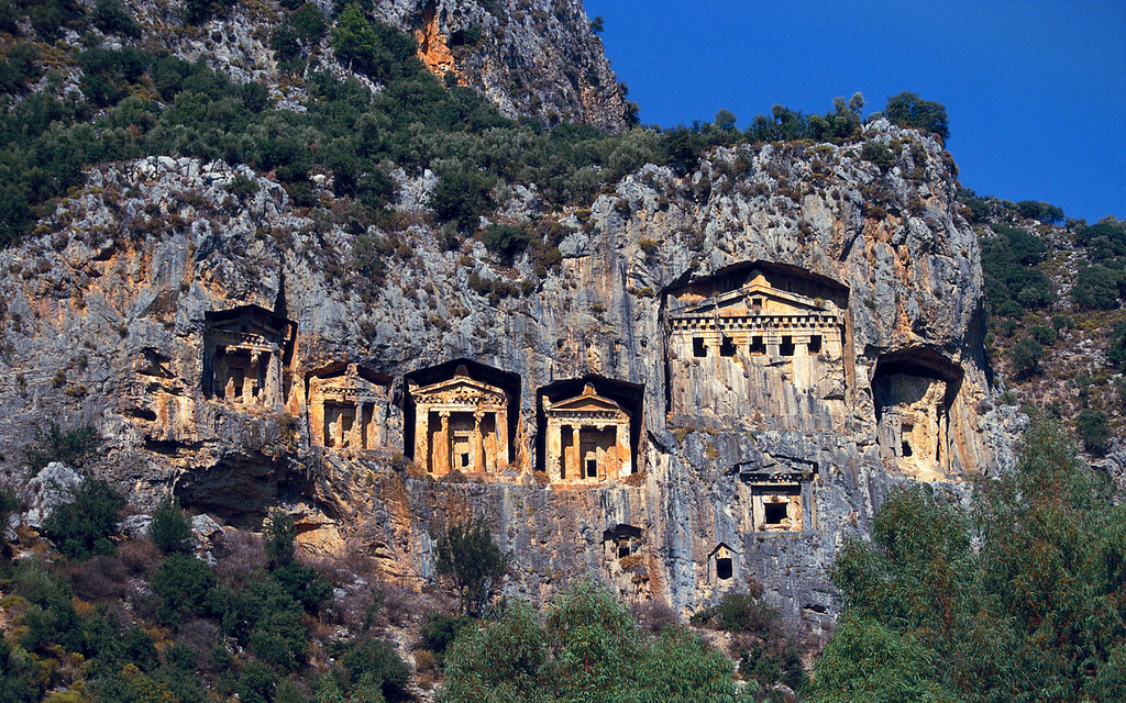 Ancient Lycian rock tombs along the coast